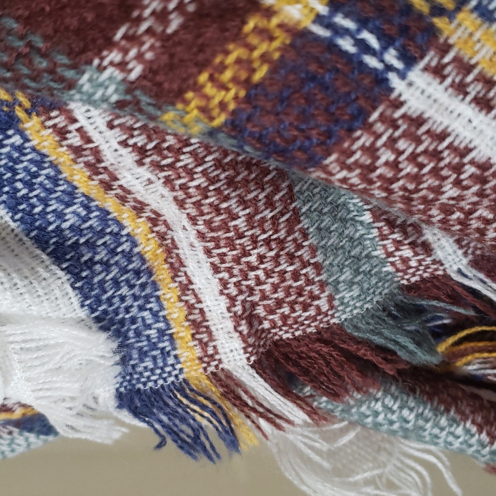 Oversized Plaid Blanket Scarf Square Fringe Cream Brown Green Blue 58x58 Wrap - Picture 6 of 10